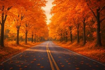Obraz premium Autumn road lined with vibrant orange trees and fallen leaves. Perfect for fall, nature, travel, and seasonal themes
