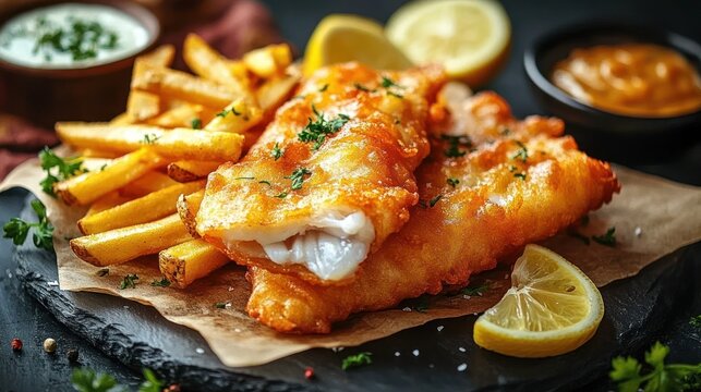 Crispy golden fried fish fillets served with french fries, lemon wedges, and dipping sauces on a rustic stone plate with herbs sprinkled