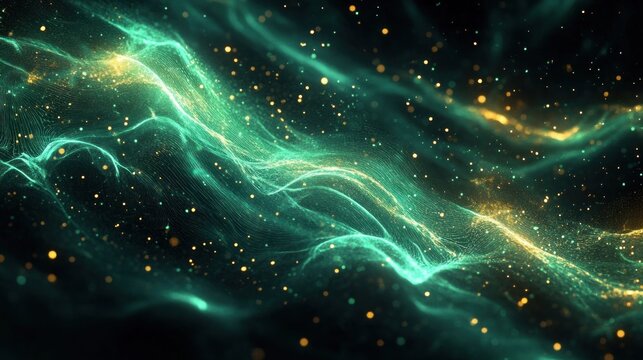 Abstract glowing waves of teal and gold particles flowing in a dark space creating a sense of depth and cosmic energy