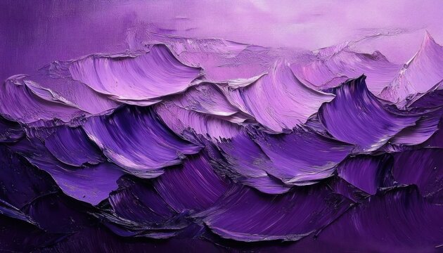 Abstract textured painting with thick brushstrokes creating layered mountain or wave shapes in various shades of purple, evoking a sense of depth and tranquility