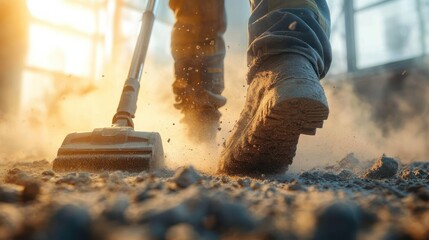 Close-up of boots walking on dusty ground with small rocks and a shovel blade in warm sunlight inside a building under construction