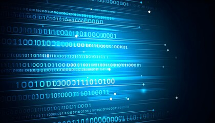 Futuristic digital data stream concept showing glowing binary code moving across a dark blue technology background
