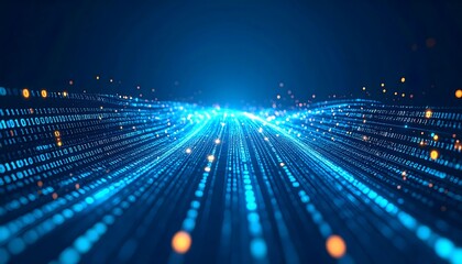 Futuristic digital data stream concept. Glowing particles and binary code representing high-speed information transfer and technology.