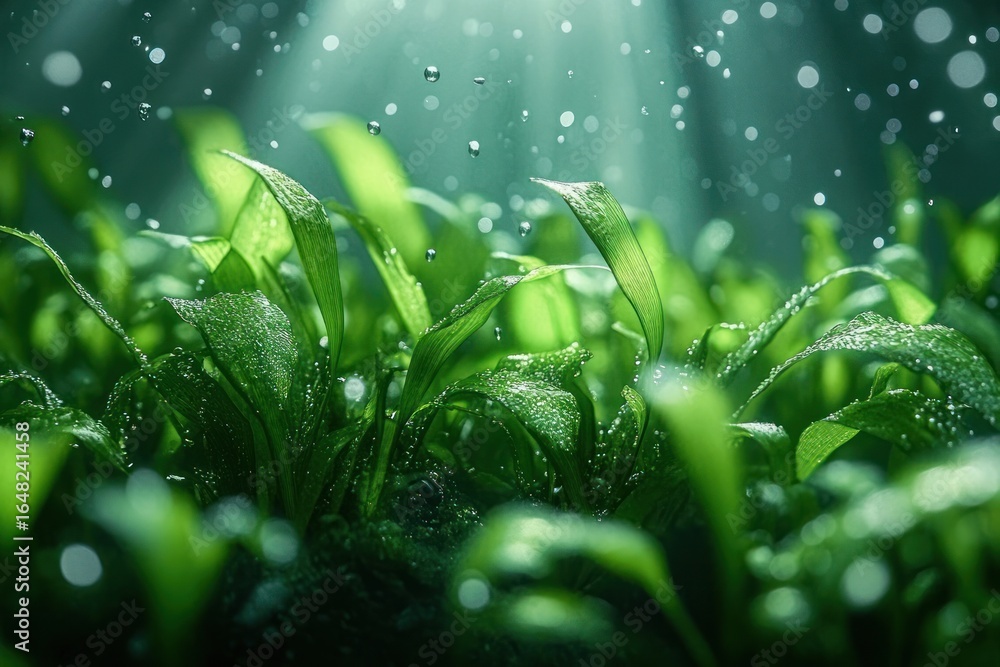 Poster close-up of fresh green leaves covered with dewdrops under soft sunlight with water droplets falling