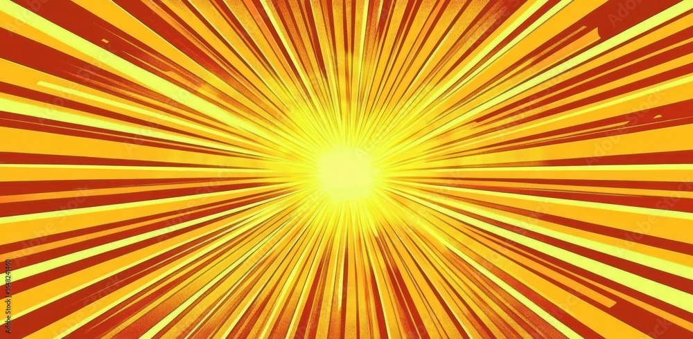 Poster radiant burst of bright yellow and orange rays emanating from a central glowing light, creating a dy