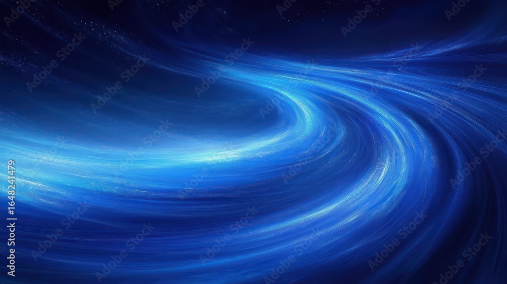 Poster swirling abstract blue light waves creating a flowing cosmic or energy vortex effect with luminous s