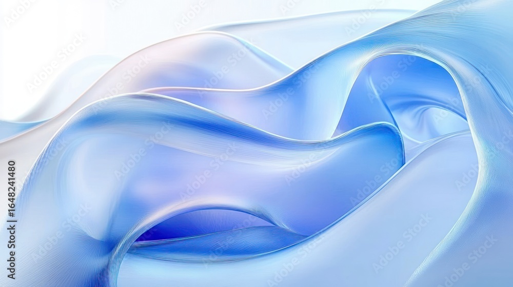 Poster abstract flowing translucent blue and white fabric-like shapes with smooth curves and delicate textu
