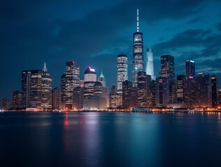 Obraz premium A city skyline glowing under the night sky, with dazzling lights reflecting off the water. The architecture blends modern sophistication with classic grandeur