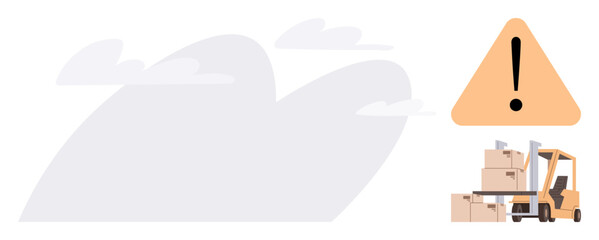 Forklift moving stacks of boxes near warning sign for safety awareness. Ideal for logistics, warehouse, transportation, risk management, industrial safety, caution messaging, simple flat metaphor