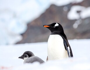 Obraz premium Gentoo penguin parent watching over its fluffy chick in the snowy Antarctic wilderness.