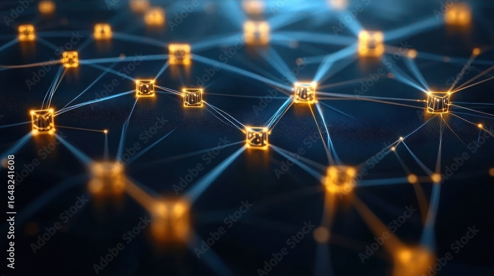 Poster glowing interconnected cubes linked by bright light beams over a dark digital grid representing netw