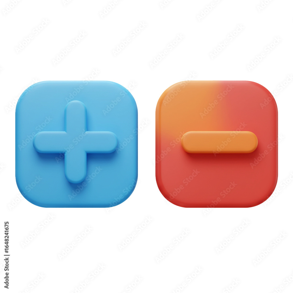 Poster playful rendered icons depict addition and subtraction symbols with vibrant colors and rounded edges