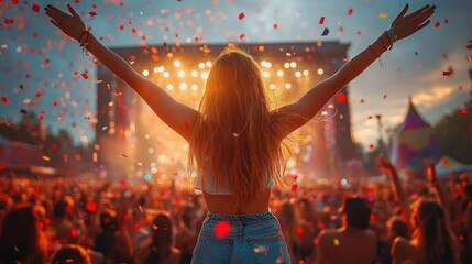 Woman with long hair raising arms joyfully in front of a large lively crowd at an outdoor concert with colorful confetti falling and warm stage lights in the background