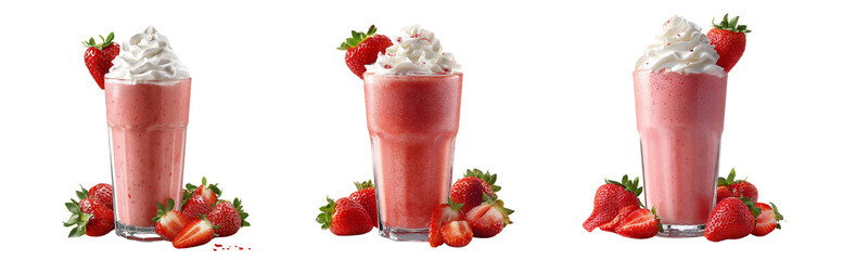 Three strawberry milkshakes with whipped cream and fresh strawberries on a white background isolated