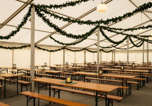 Oktoberfest Empty beer garden tent with wooden tables and benches decorated with festive garlands and lanterns