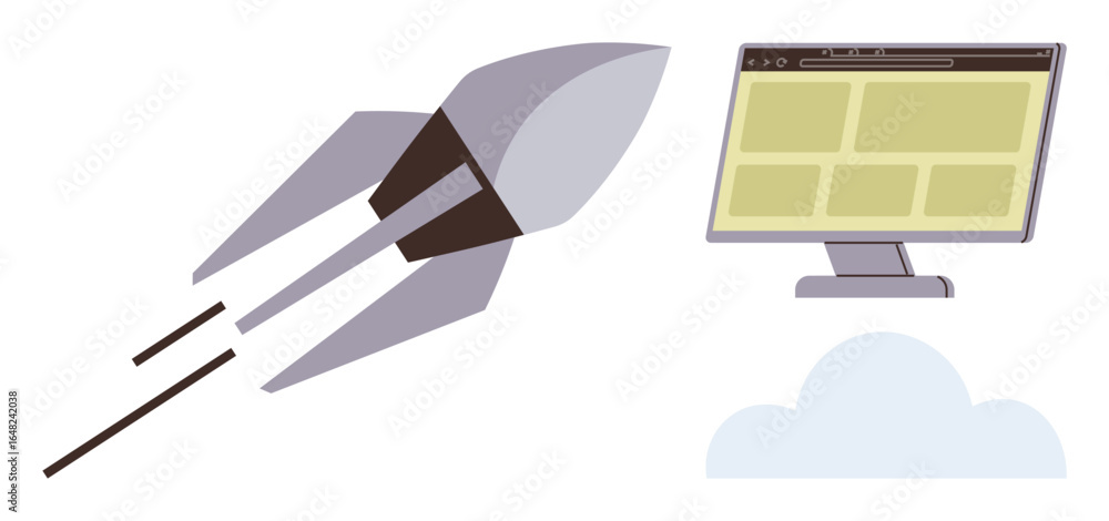 Aufkleber rocket lifting off beside a website interface on a monitor and a cloud. ideal for innovation, techno