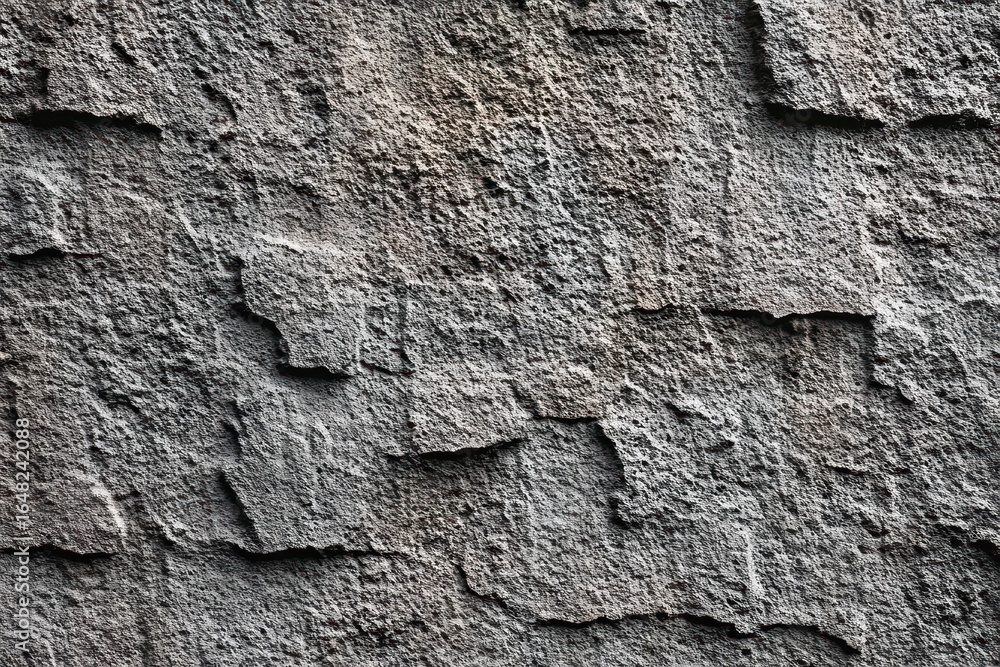 Poster close-up of a rough weathered concrete wall with uneven layered texture and chipped surface in gray 