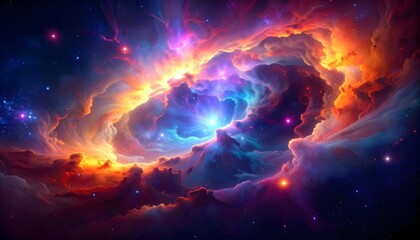 Luminous cosmic nebula with vibrant colors and glowing stars, an abstract celestial background of the vast and mysterious universe.