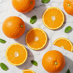 Sliced Oranges and Whole Oranges with Mint Leaves.