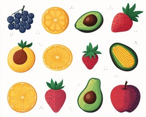 Colorful variety of fresh fruits including blueberries, orange slices, avocados, strawberries, peach, corn, and an apple arranged on a white background with bright and vibrant colors