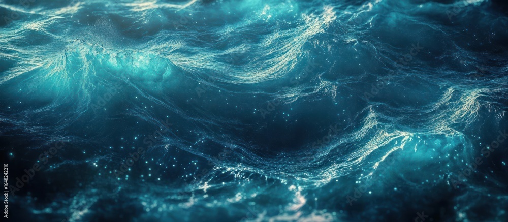 Poster close-up view of deep blue ocean waves with shimmering water and glowing particles creating a magica
