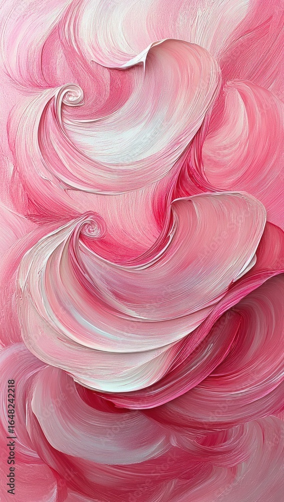Poster close-up of textured pink and white paint swirls creating an abstract floral-like pattern with smoot