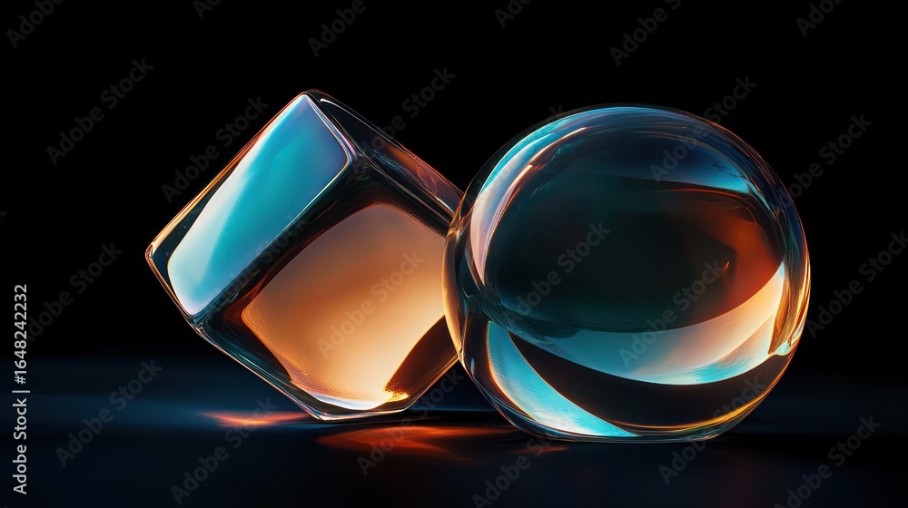 Poster transparent glass cube and sphere with colorful reflections on dark background creating abstract lig