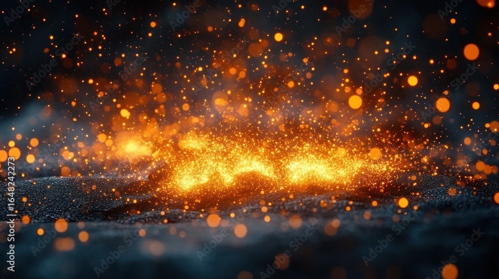 Poster close-up of glowing orange sparks and particles rising from a dark textured surface, creating a vibr