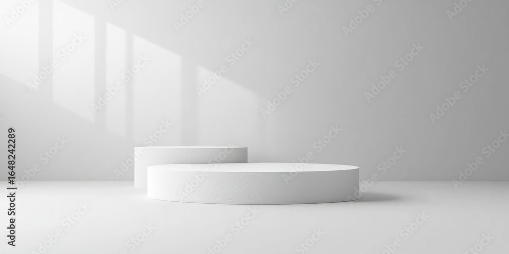 Poster minimalist white empty round and cylindrical podiums in a clean room with soft natural window light 