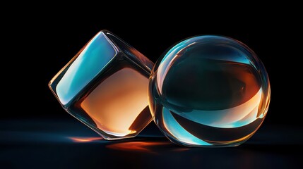 Transparent glass cube and sphere with colorful reflections on dark background creating abstract light play