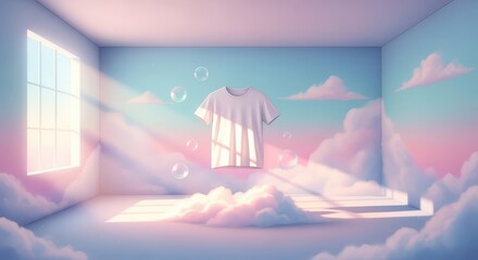 Fototapeta premium Floating White T-shirt in Dreamy Cloud Sky Room with Soft Pink and Blue Colors