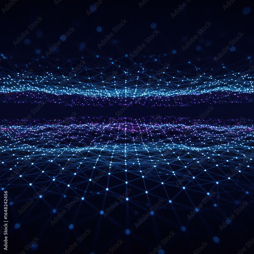 Poster futuristic digital landscape with a glowing particle mesh, representing big data, network connection