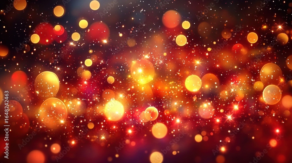 Poster abstract background with glowing golden and red bokeh lights and sparkling stars creating a festive 