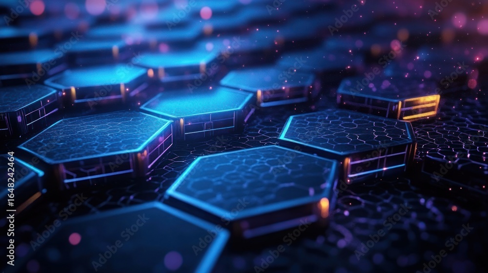 Poster glowing blue and purple hexagonal tiles with futuristic circuit patterns arranged in a layered patte
