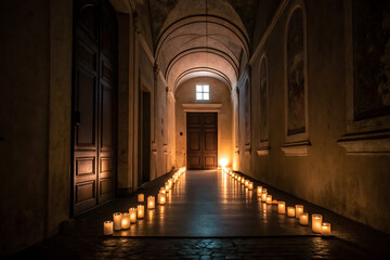 Fototapeta premium Dimly lit hallway illuminated by numerous candles creating a mysterious and serene atmosphere