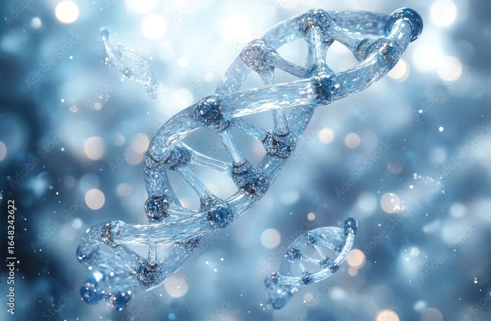 Poster transparent double helix structures resembling dna strands floating in a luminous blue environment c