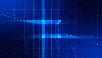 Futuristic digital technology background with a glowing blue grid creating a perspective tunnel into virtual space.