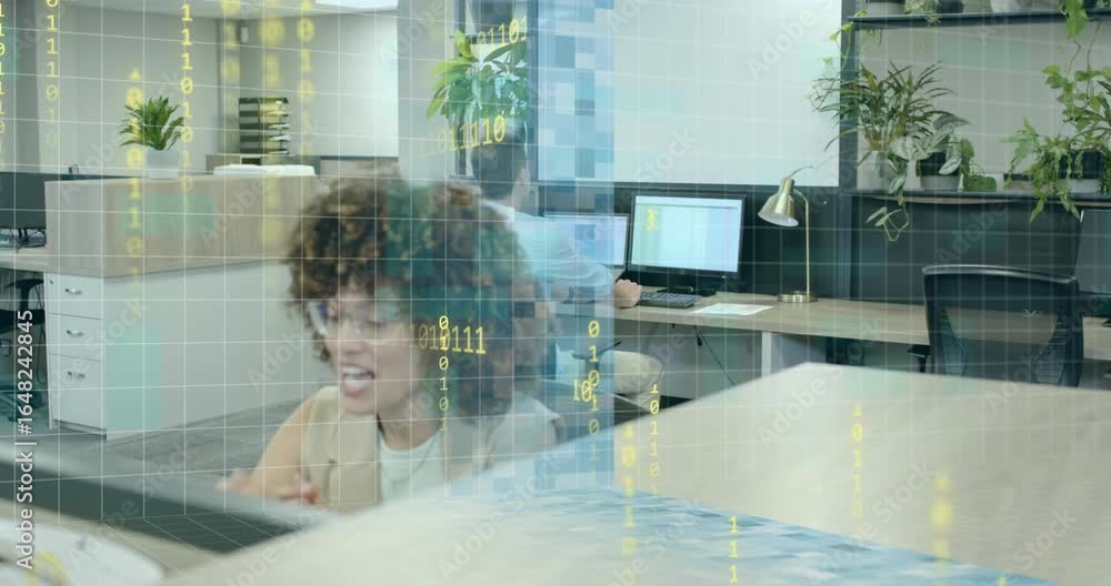 Poster tech worker glancing wristwatch and initiating scan with binary code swirling desk