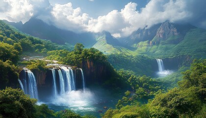 Fototapeta premium Majestic lush green mountains surrounded by misty clouds with multiple cascading waterfalls flowing into a clear blue river below under a bright sky