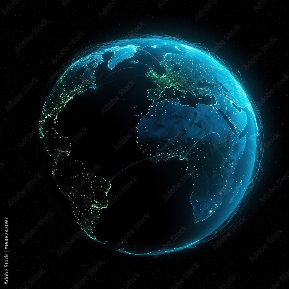 Poster digital rendering of planet earth at night, illustrating a global network of connections and the con