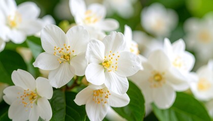 Jasmine flowers blossom ultra zoom realistic with bokeh background on the garden