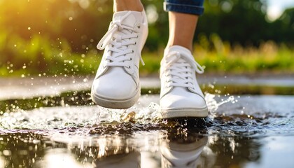 White sneakers splashing in puddle (2)