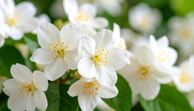 Jasmine flowers blossom ultra zoom realistic with bokeh background on the garden