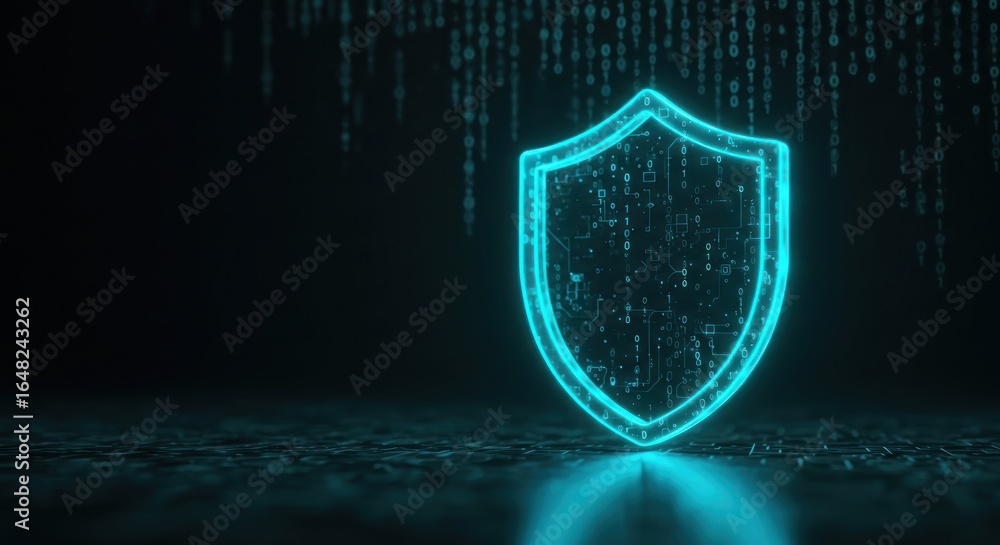 Poster futuristic cybersecurity concept with a glowing neon shield icon protecting against digital threats 