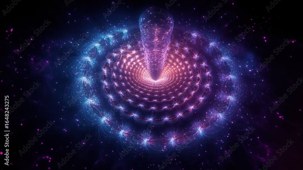 Poster glowing concentric circular pattern with radiant blue and purple star-like points connected by intri