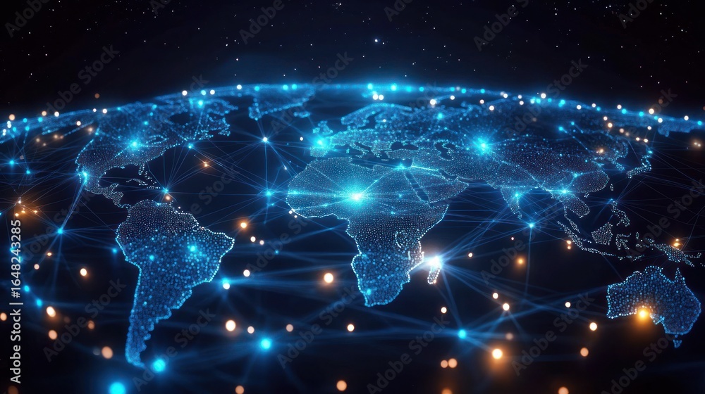 Poster digital globe showing illuminated continents connected by a web of glowing blue lines and points aga