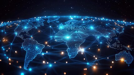 Digital globe showing illuminated continents connected by a web of glowing blue lines and points against a dark starry background, symbolizing global connectivity and data networks
