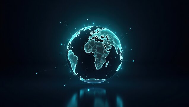 Futuristic glowing blue digital Earth hologram showcasing global connectivity, data networks, and future communication technology.
