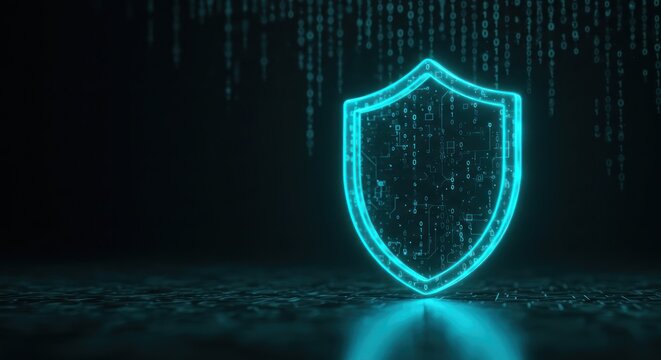 Futuristic cybersecurity concept with a glowing neon shield icon protecting against digital threats on a binary code background.