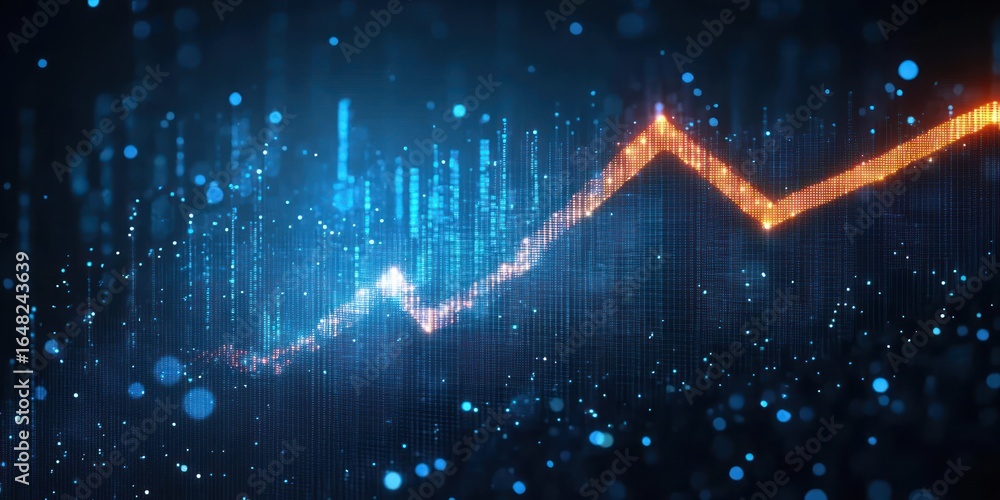 Poster glowing orange upward trending line chart over a dynamic blue digital data background, representing 